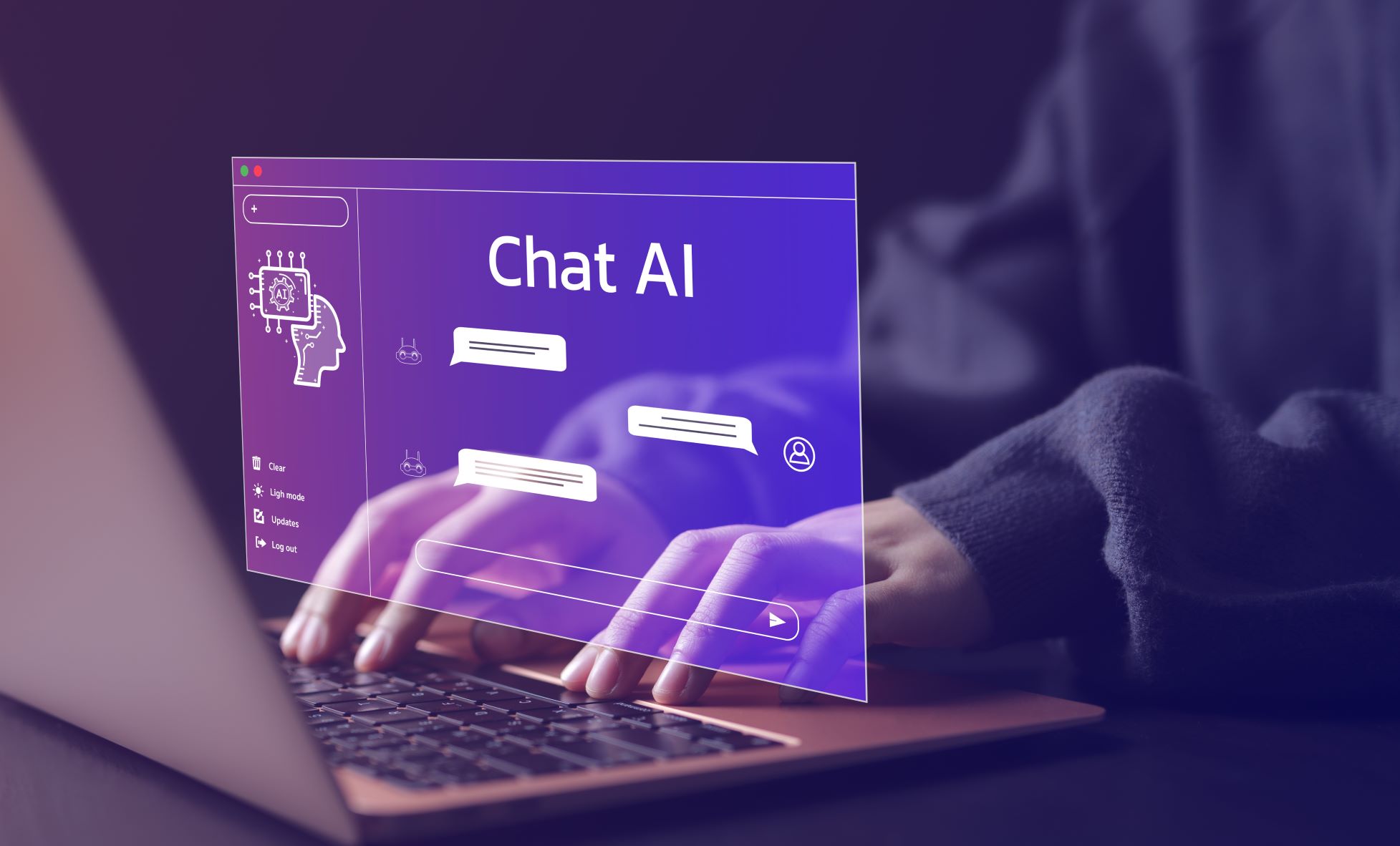 The reflection of hands typing at a computer with a screen that says "Chat AI"